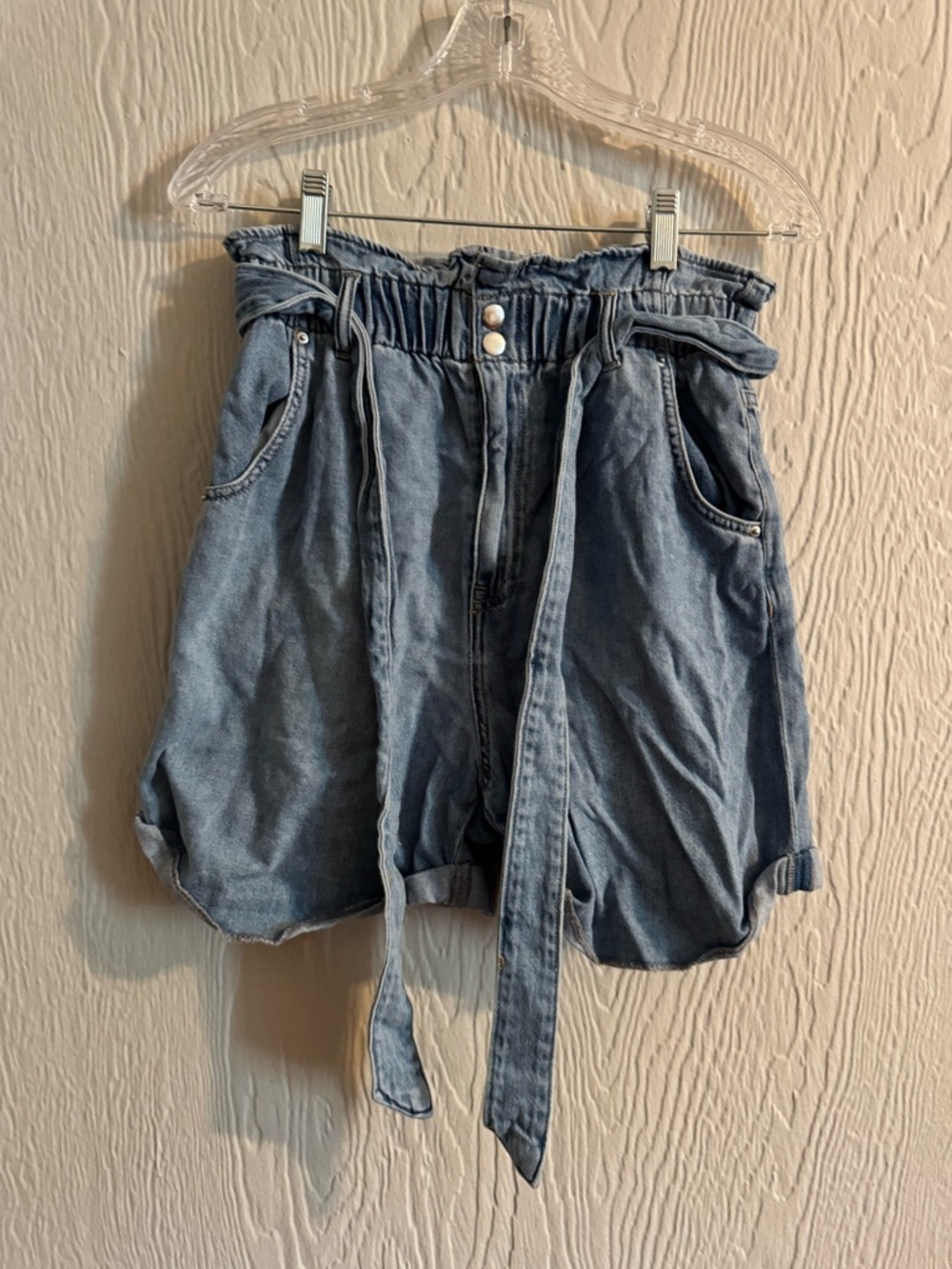 H&M Blue Paperbag Tie-Waist Denim Shorts